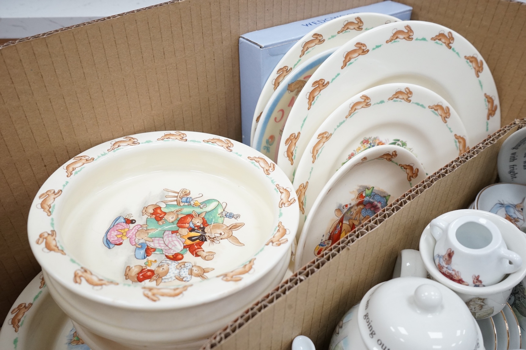 A collection of ‘Bunnykins’ dolls teaware and similar child’s breakfast ware, bowls 15cm diameter